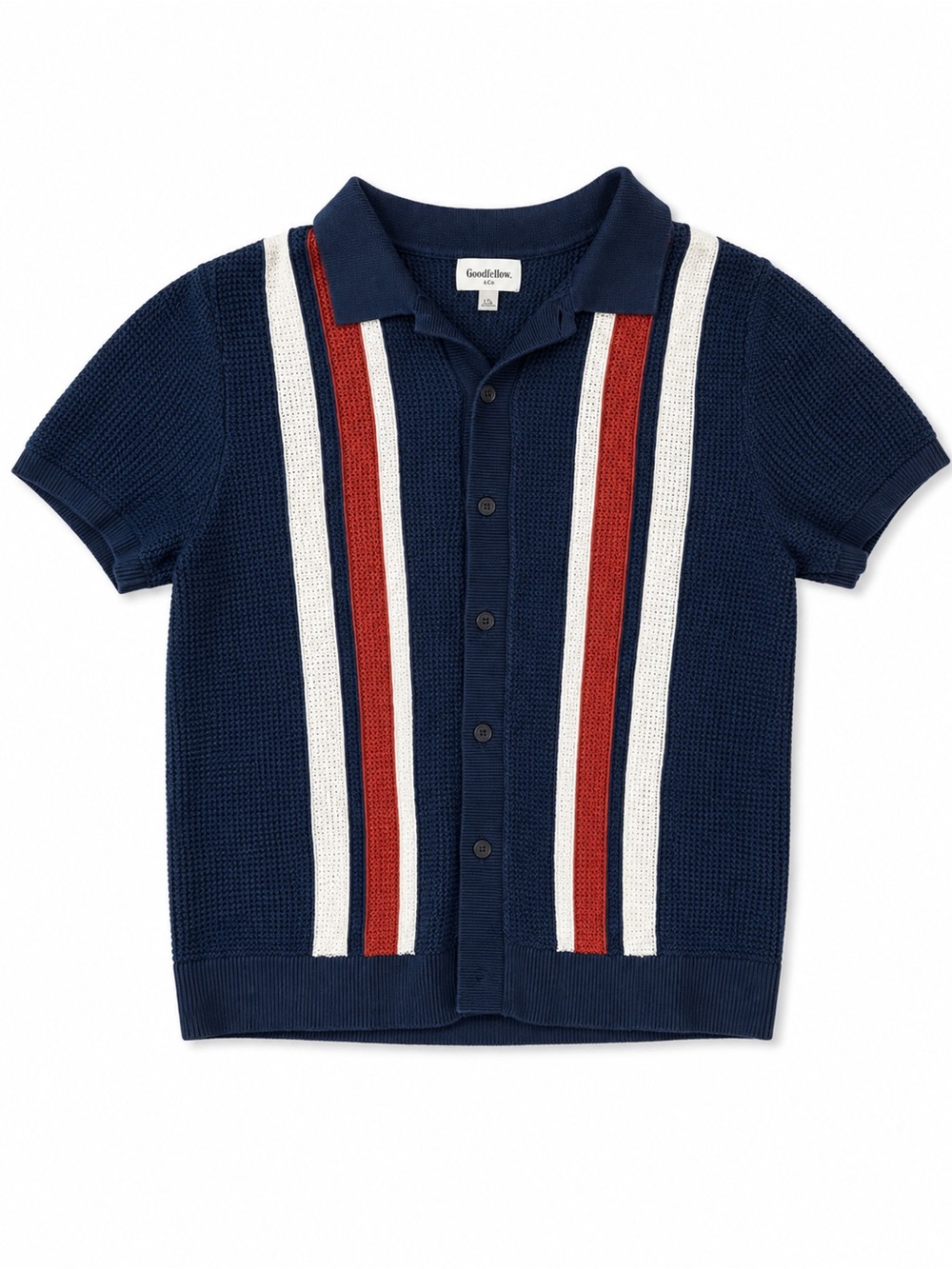 Goodfellow & Co Men's Navy Knit Resort Shirt with Red and White Stripes